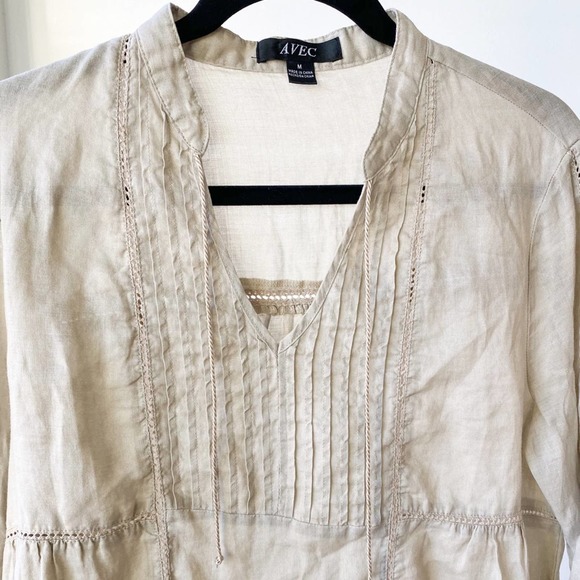 AVEC Women's Tan Linen V-Neck Long Sleeve Pleated Bodice Pop Over Blouse sz M - Picture 3 of 8